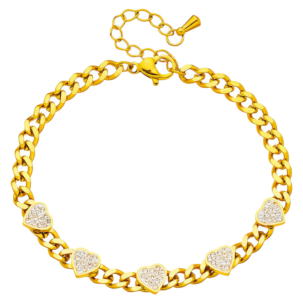 18K gold plated stainless steel bracelet featuring sparkling cubic zirconia heart charms and a bold chain design.