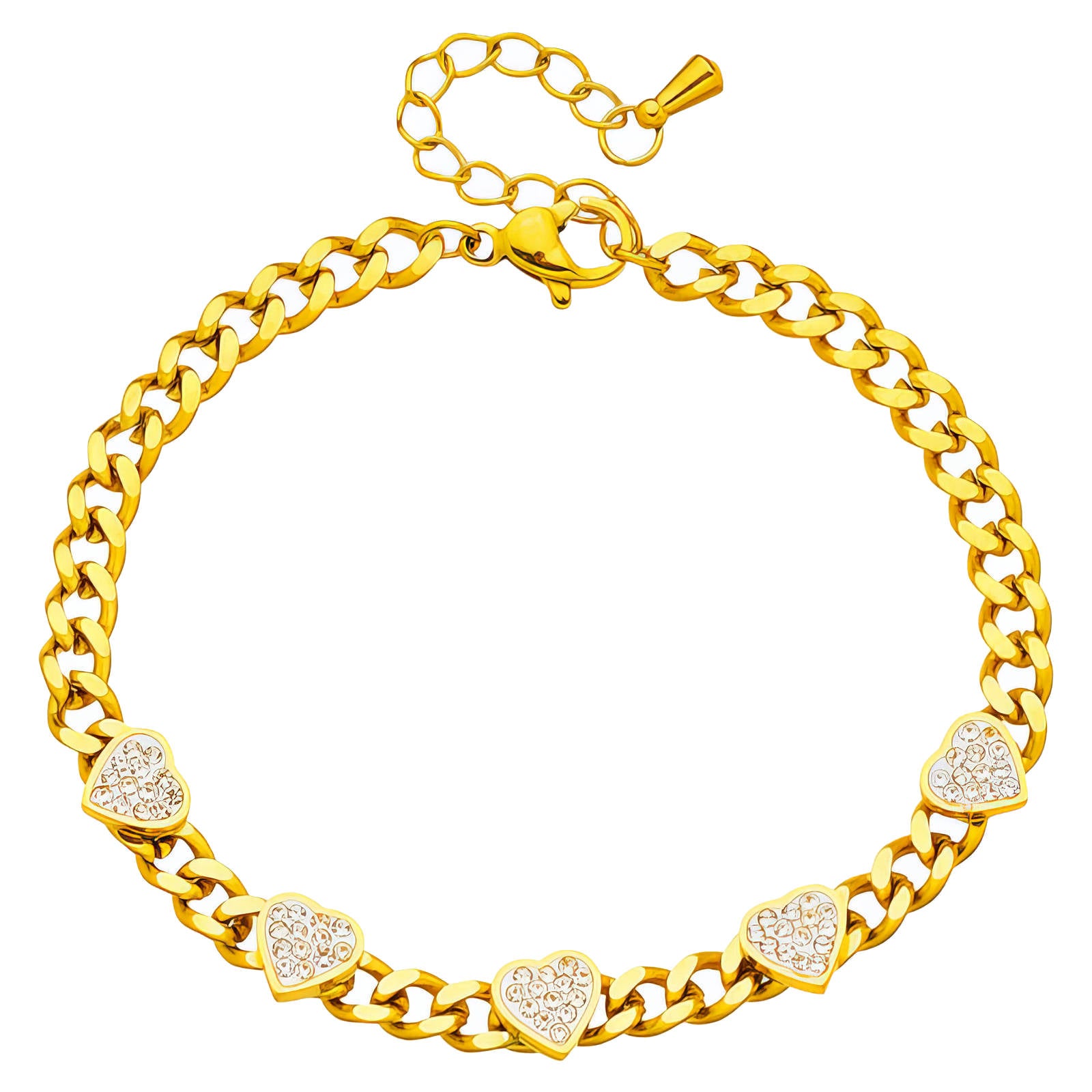 18K gold plated stainless steel bracelet featuring sparkling cubic zirconia heart charms and a bold chain design.