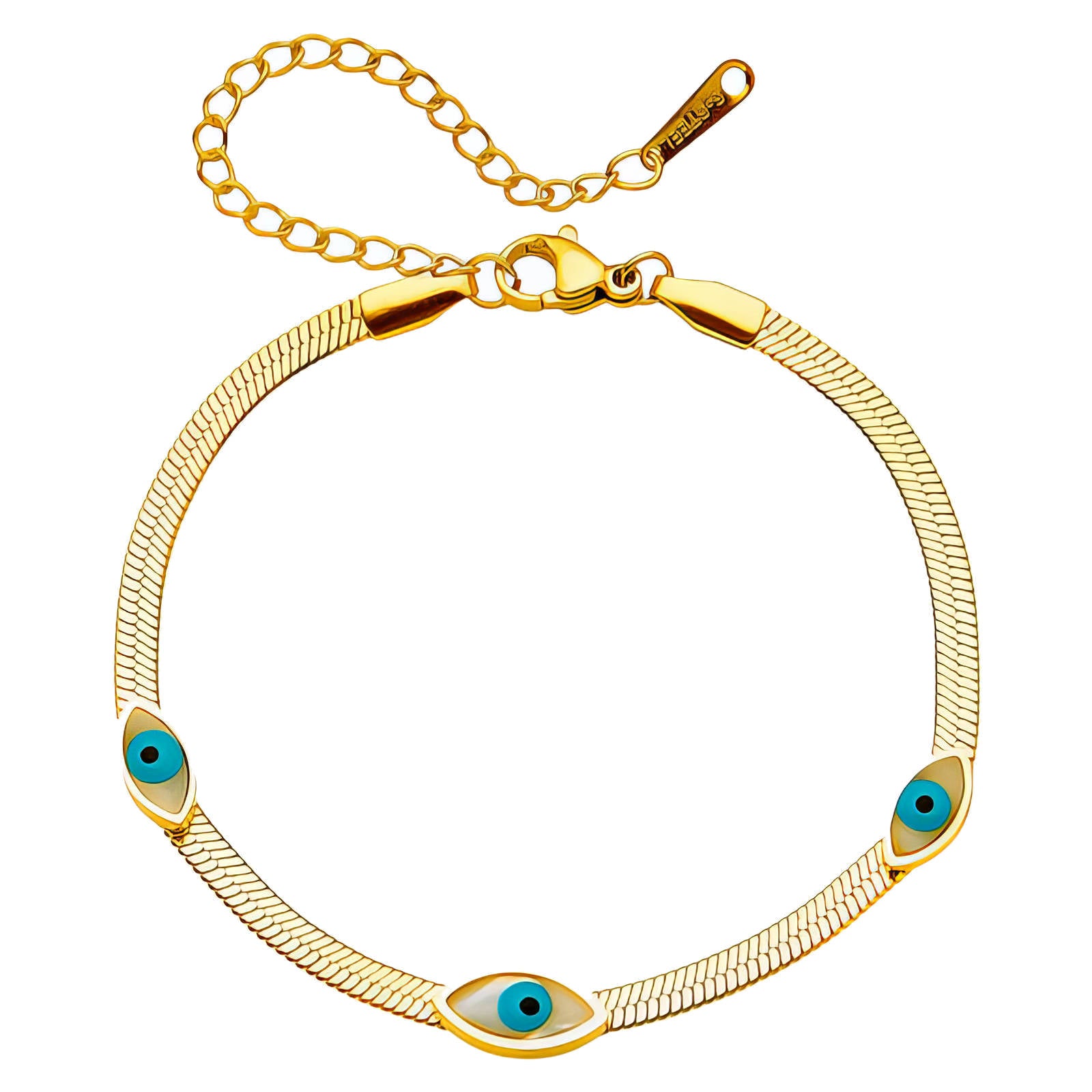 18K gold plated stainless steel evil eye bracelet featuring blue enamel accents and an adjustable chain.