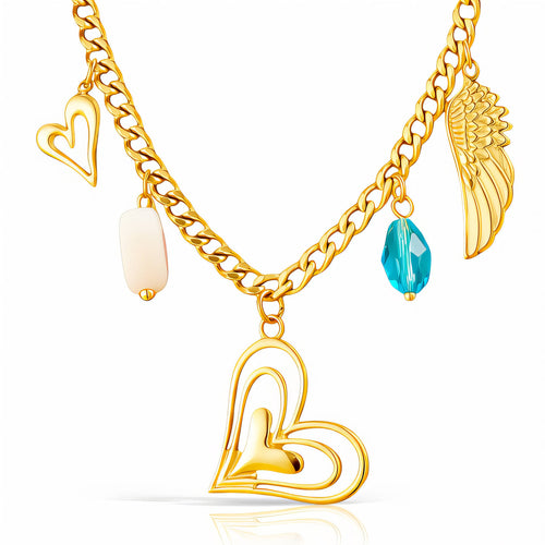 Gold heart charm necklace featuring an angel wing charm, blue crystal accent, and layered heart pendant crafted from waterproof hypoallergenic stainless steel.