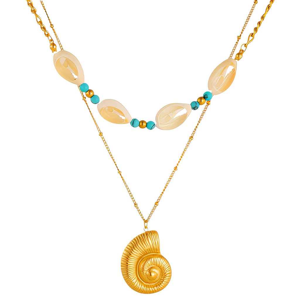 Gold layered necklace featuring a spiral seashell pendant, shell beads, and turquoise accents crafted from waterproof hypoallergenic stainless steel.