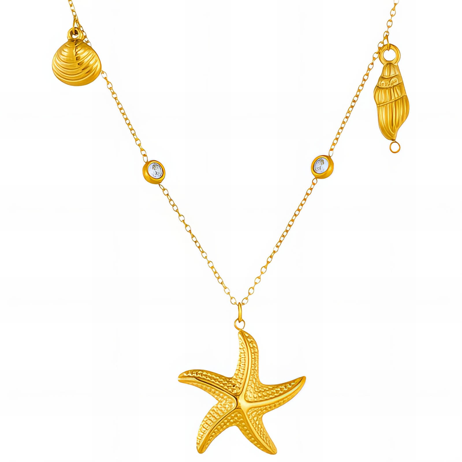 Gold starfish necklace with seashell charms and cubic zirconia accents crafted from waterproof hypoallergenic stainless steel.