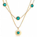 Layered gold necklace featuring turquoise-inspired stones and a sunburst pendant crafted from waterproof hypoallergenic stainless steel.