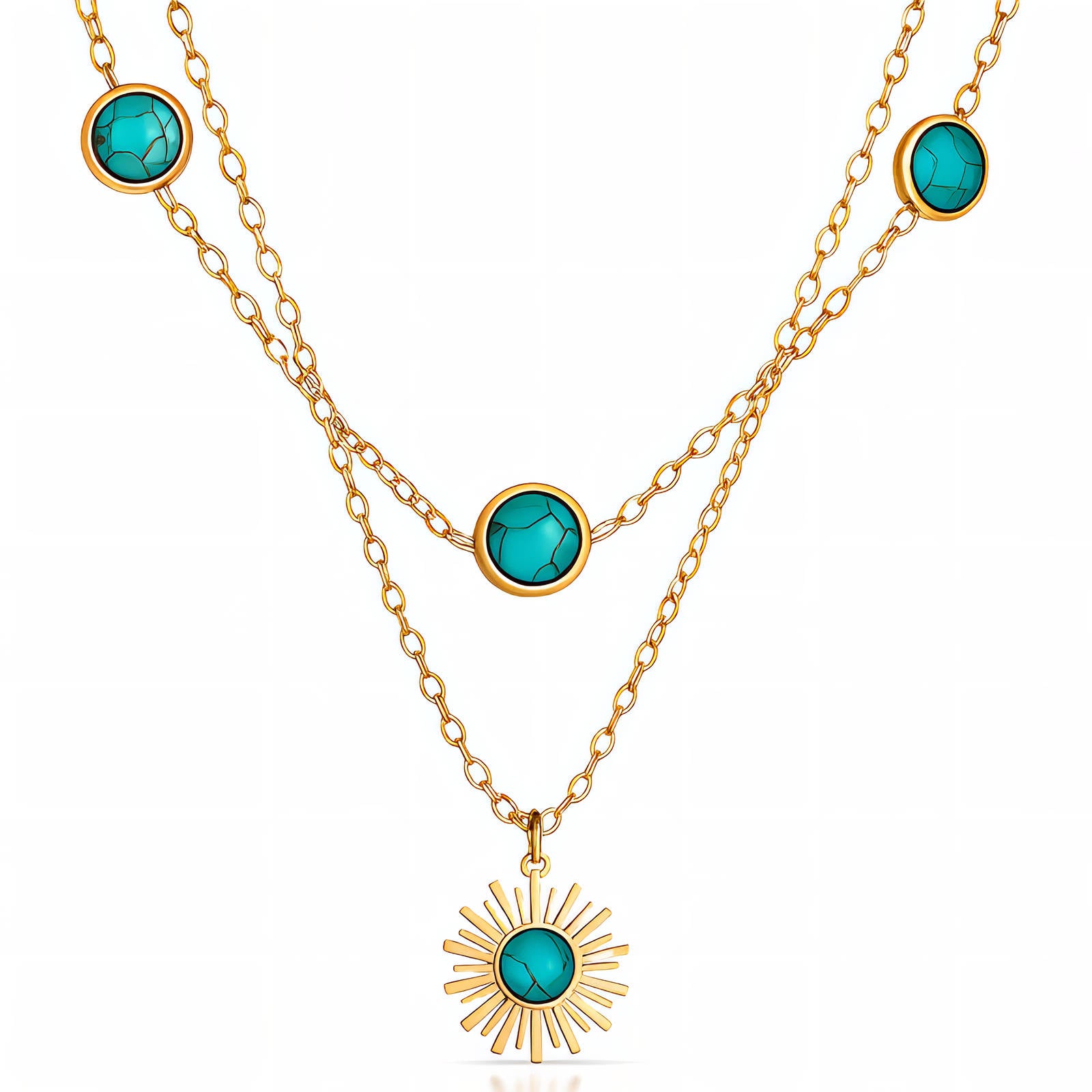 Layered gold necklace featuring turquoise-inspired stones and a sunburst pendant crafted from waterproof hypoallergenic stainless steel.