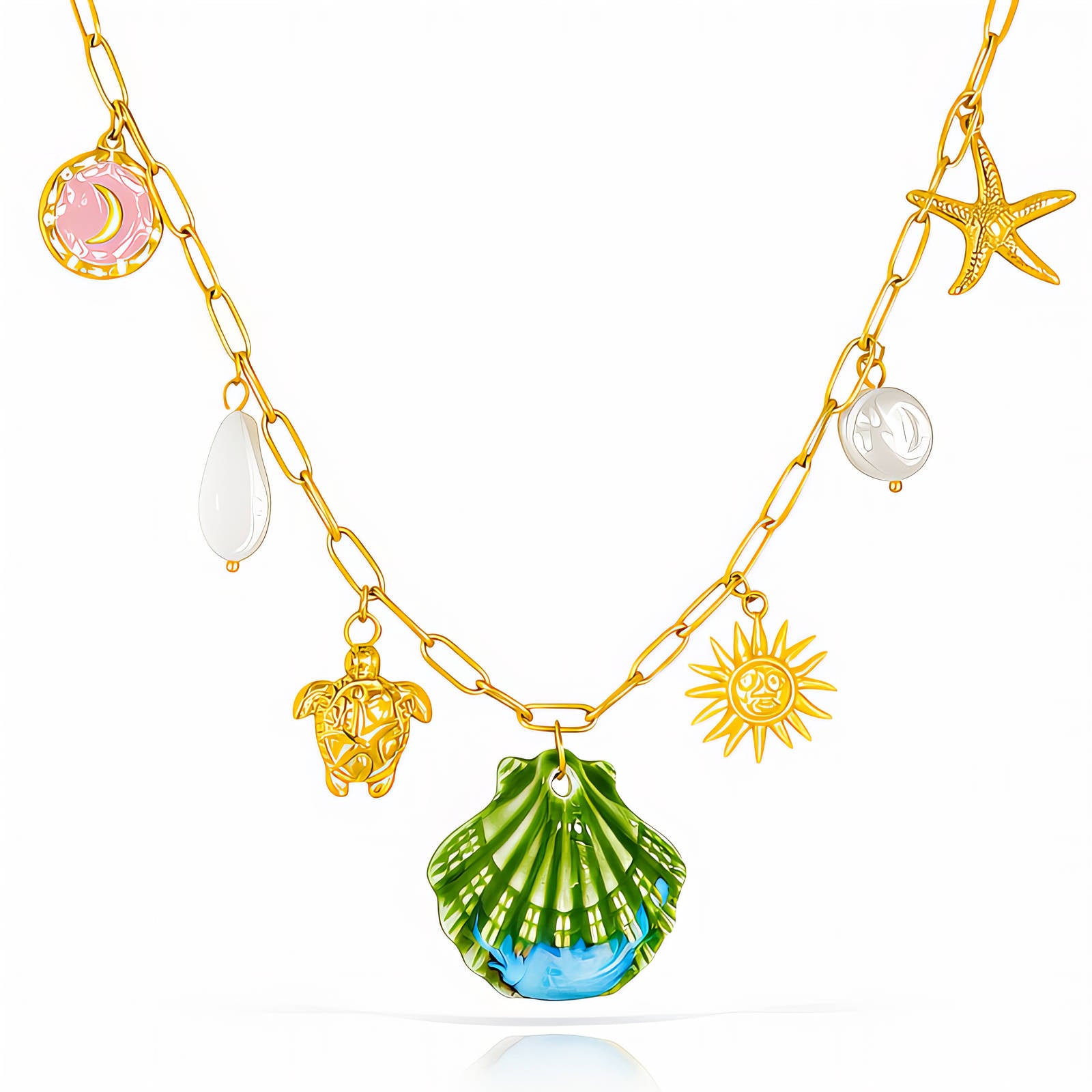 Green seashell pendant necklace featuring pearl accents, starfish charm, and coastal-inspired details crafted from waterproof hypoallergenic stainless steel.