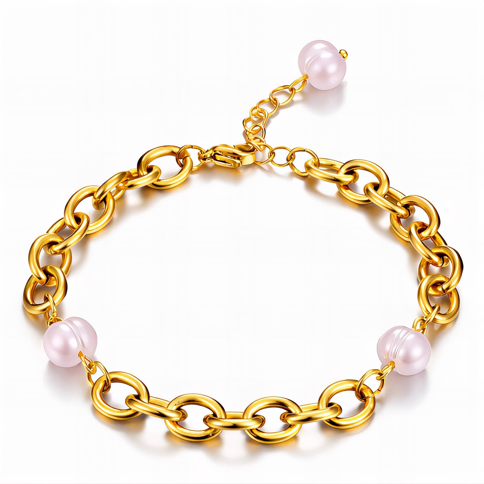 18K gold plated stainless steel bracelet featuring chunky gold links and pearl-inspired accents with an adjustable chain.