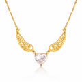 Gold angel wing necklace featuring a heart-shaped cubic zirconia centerpiece crafted from waterproof hypoallergenic stainless steel.