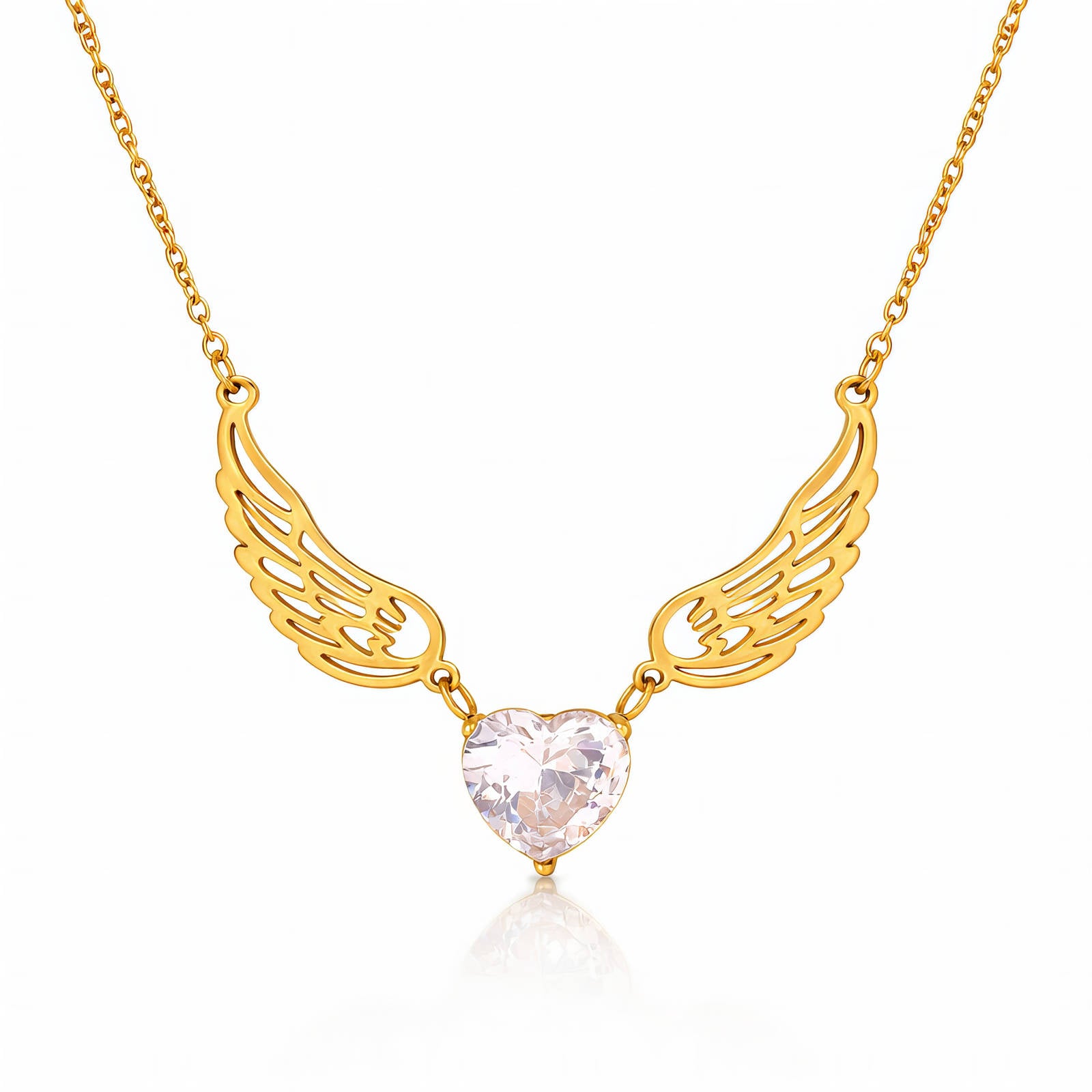 Gold angel wing necklace featuring a heart-shaped cubic zirconia centerpiece crafted from waterproof hypoallergenic stainless steel.