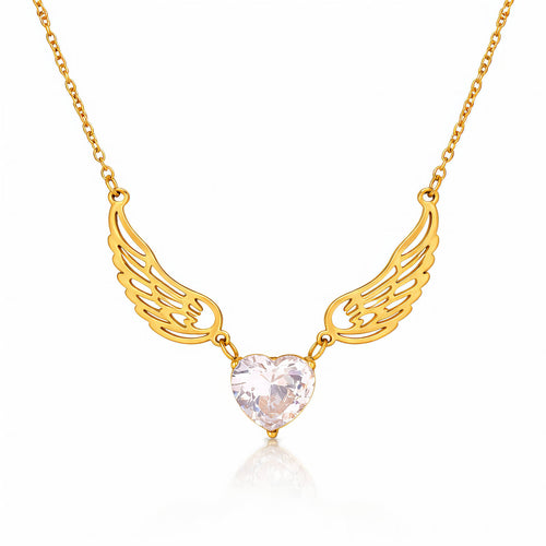 Gold angel wing necklace featuring a heart-shaped cubic zirconia centerpiece crafted from waterproof hypoallergenic stainless steel.