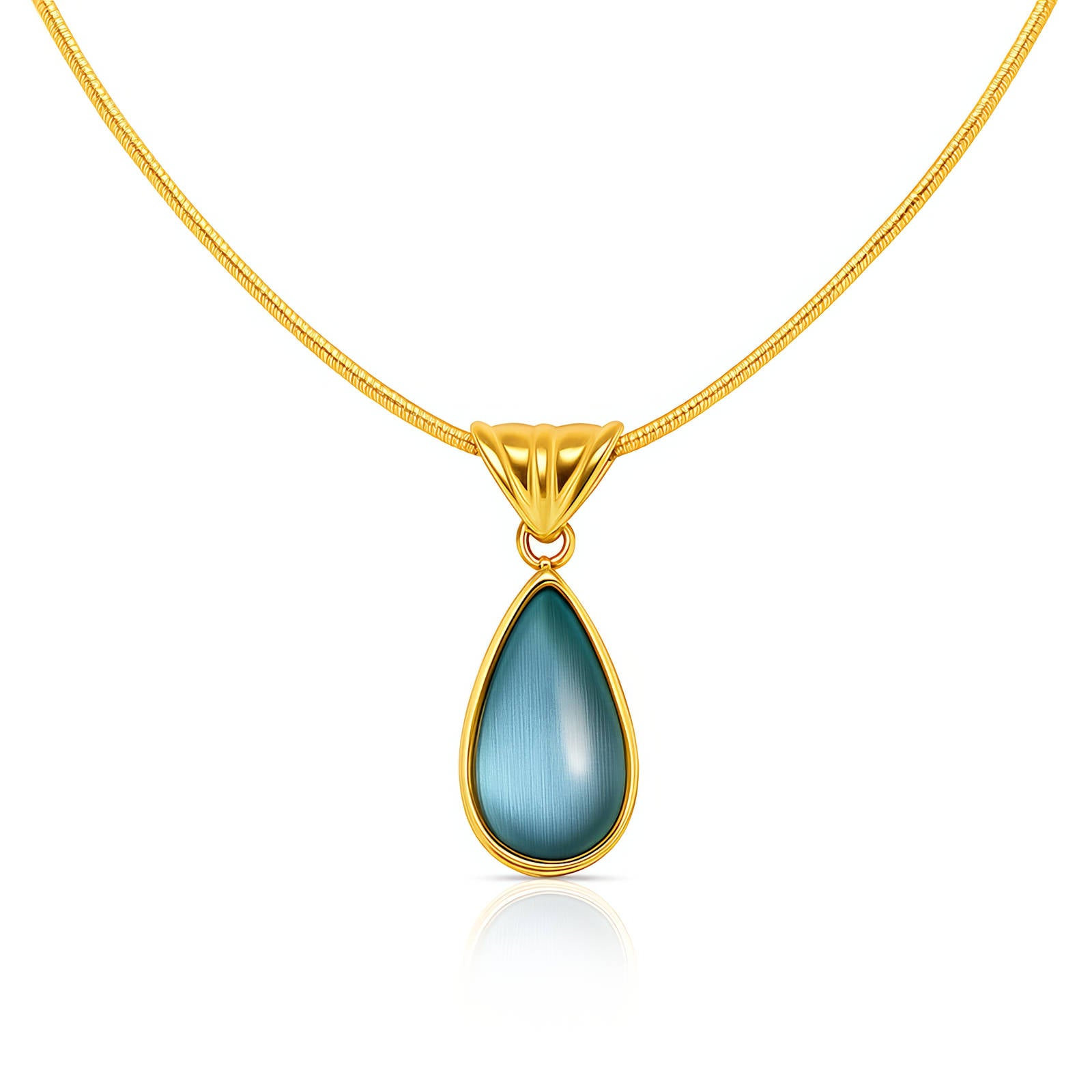Blue teardrop pendant necklace crafted from waterproof hypoallergenic 18K gold-plated stainless steel inspired by ocean and coastal beauty.