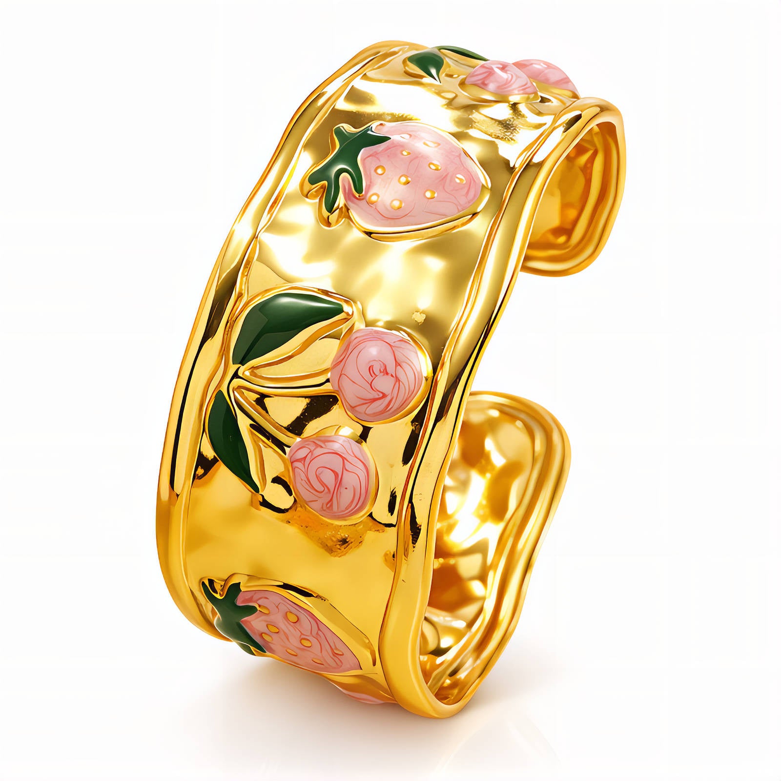 18K gold plated stainless steel cuff bracelet featuring pink strawberries, flowers, and green leaf enamel accents.