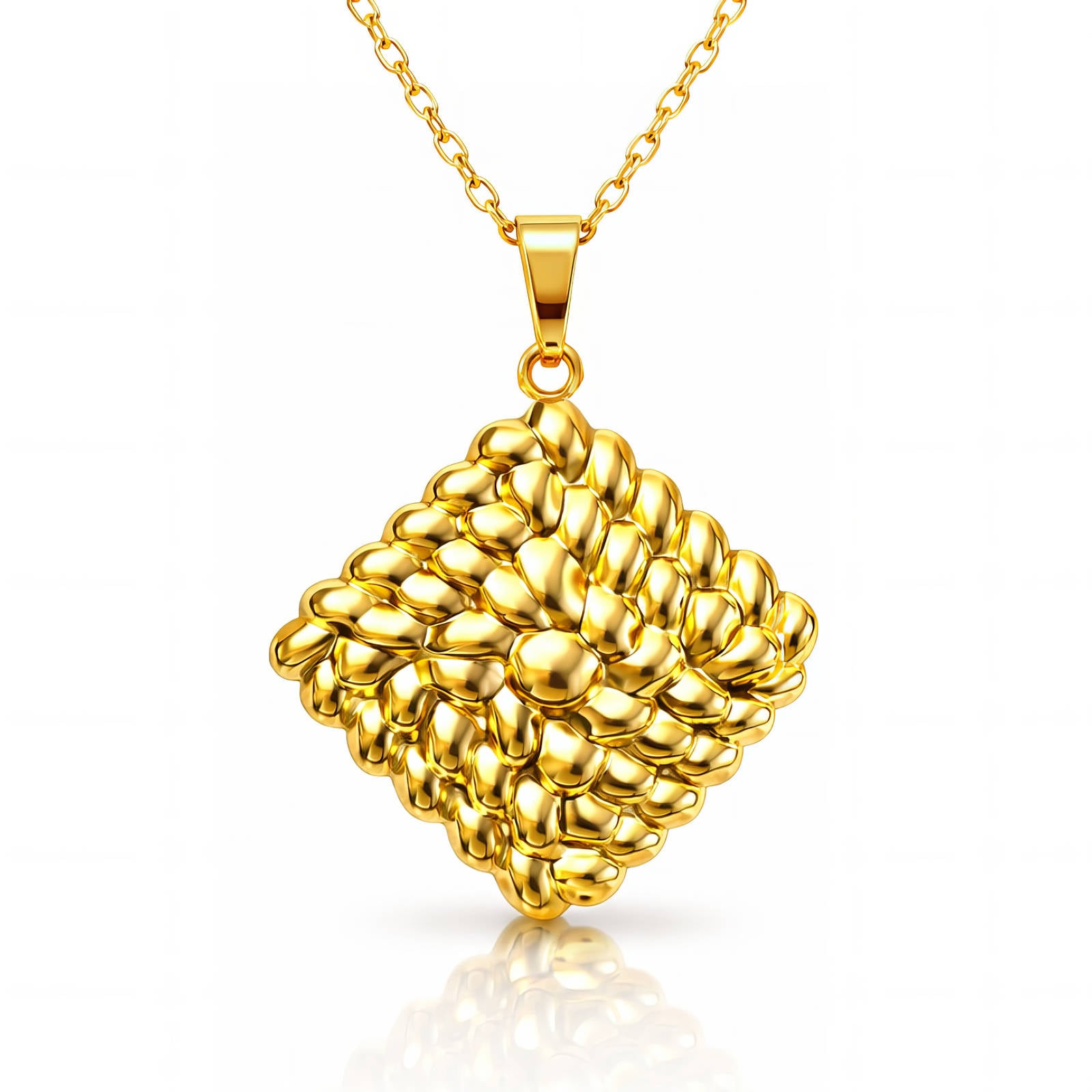 Geometric woven gold pendant necklace crafted from waterproof hypoallergenic 18K gold-plated stainless steel with a luxury statement design.