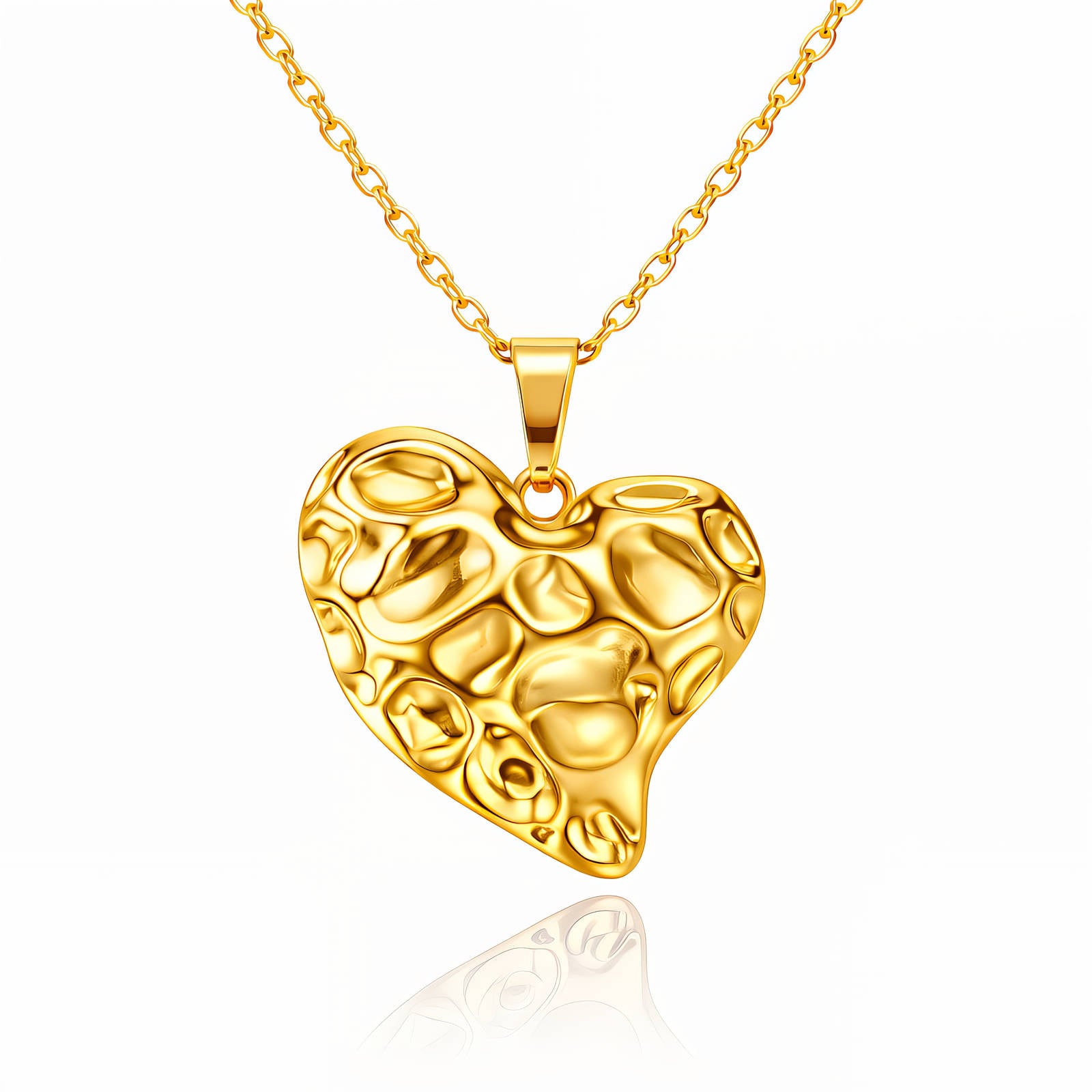 Textured gold heart pendant necklace crafted from waterproof hypoallergenic 18K gold-plated stainless steel with a modern hammered finish.