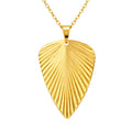 Textured gold leaf pendant necklace crafted from waterproof hypoallergenic 18K gold-plated stainless steel with a nature-inspired design.