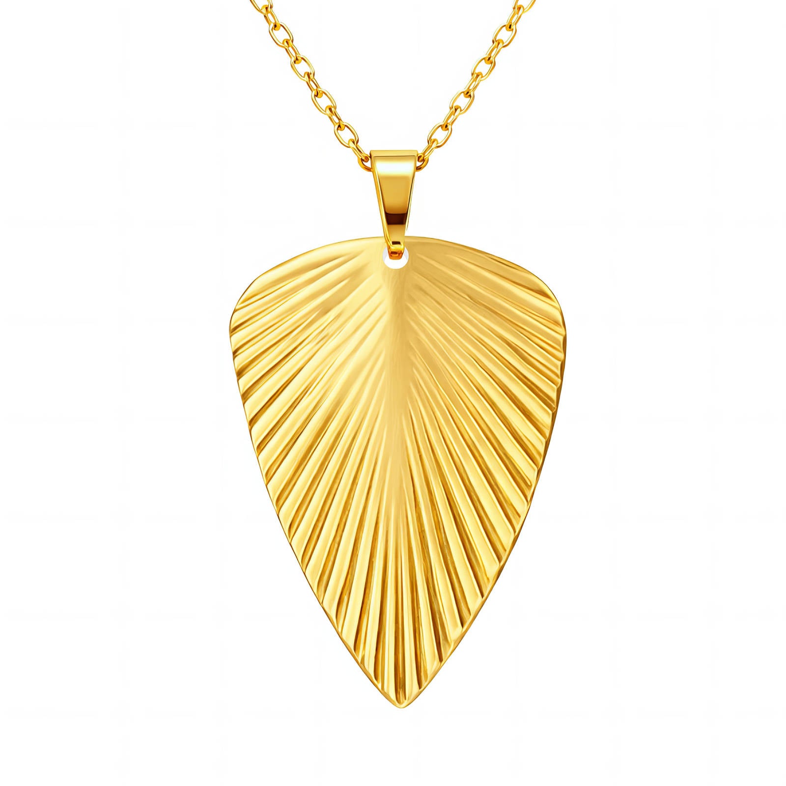 Textured gold leaf pendant necklace crafted from waterproof hypoallergenic 18K gold-plated stainless steel with a nature-inspired design.