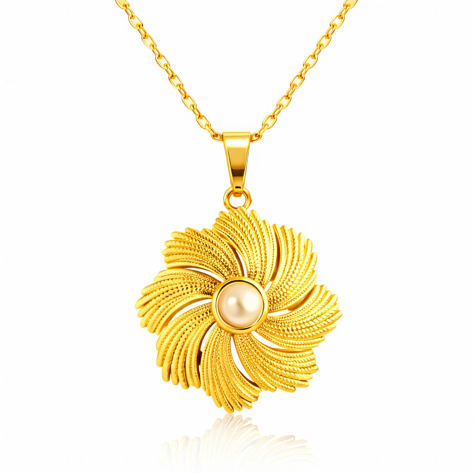 Gold sunburst flower pendant necklace featuring a pearl-inspired center crafted from waterproof hypoallergenic 18K gold-plated stainless steel.