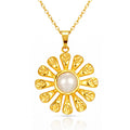 Gold daisy pendant necklace featuring a pearl-inspired center crafted from waterproof hypoallergenic 18K gold-plated stainless steel.