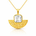 Gold pendant necklace featuring a cubic zirconia centerpiece and textured fan-shaped design crafted from waterproof hypoallergenic 18K gold-plated stainless steel.