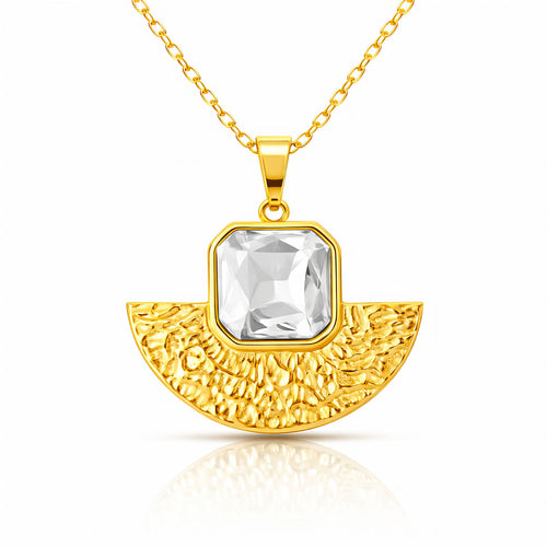 Gold pendant necklace featuring a cubic zirconia centerpiece and textured fan-shaped design crafted from waterproof hypoallergenic 18K gold-plated stainless steel.