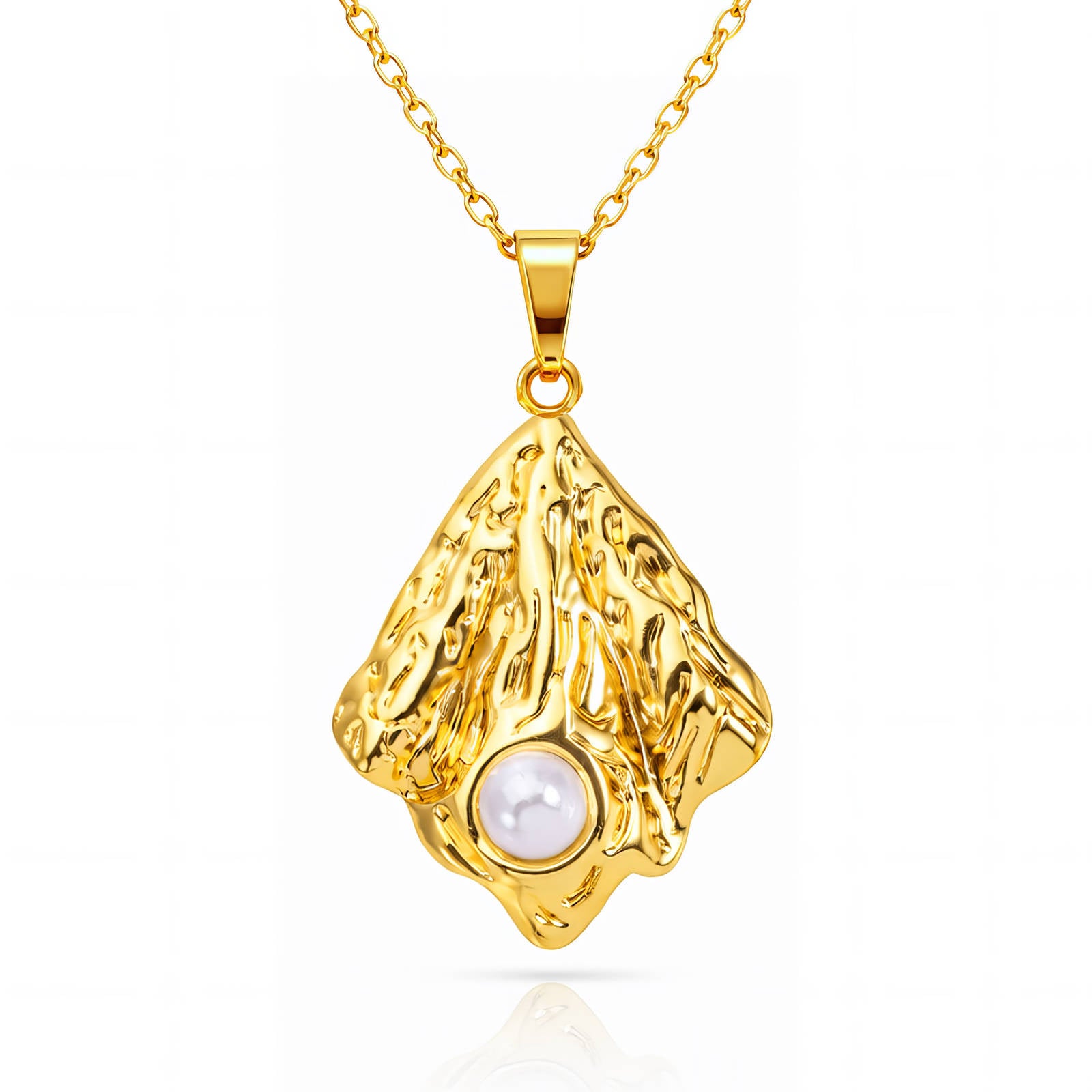 Organic gold pendant necklace featuring a pearl-inspired centerpiece crafted from waterproof hypoallergenic 18K gold-plated stainless steel.