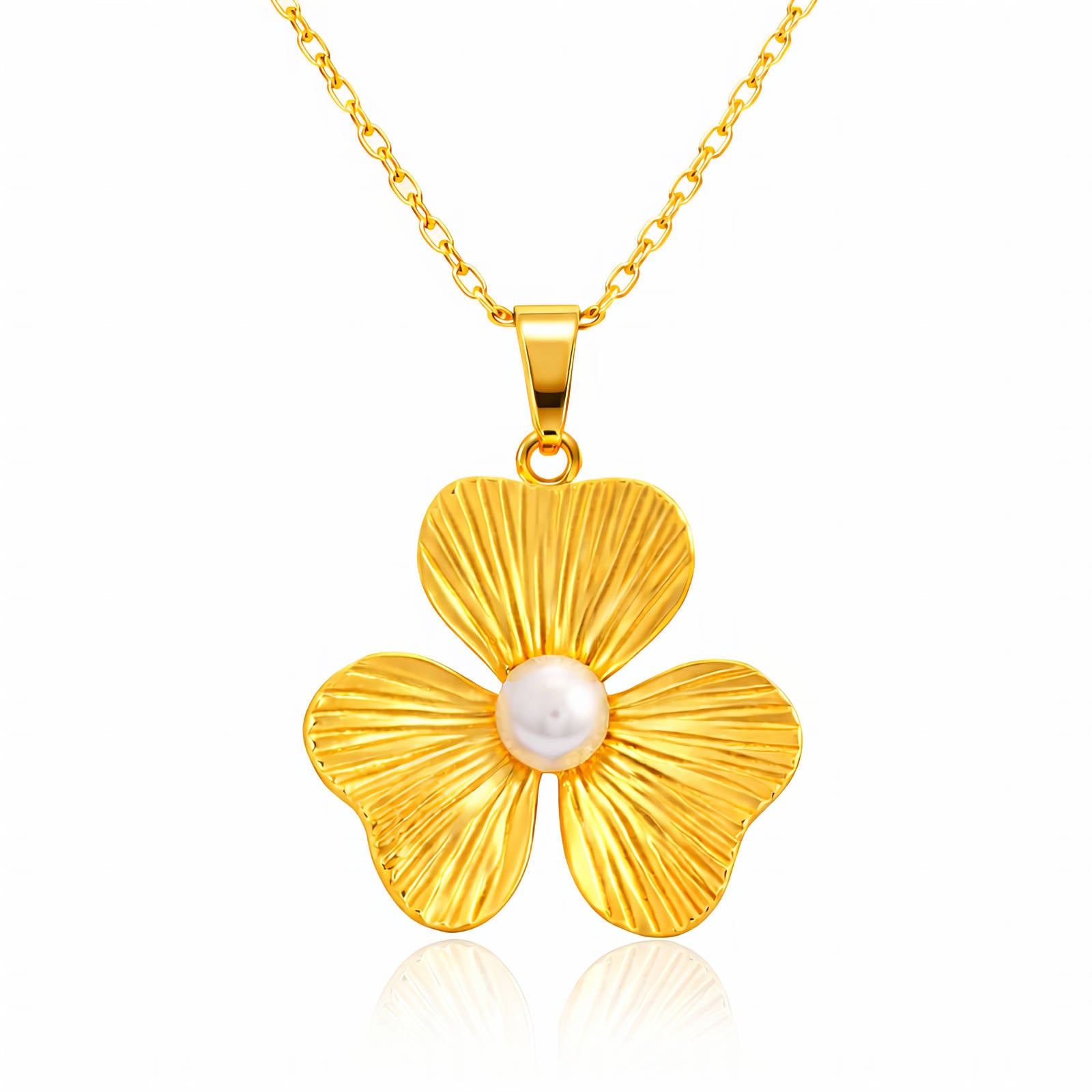 Golden flower pendant necklace crafted from 18K gold-plated stainless steel featuring a pearl-inspired center on a waterproof hypoallergenic chain.