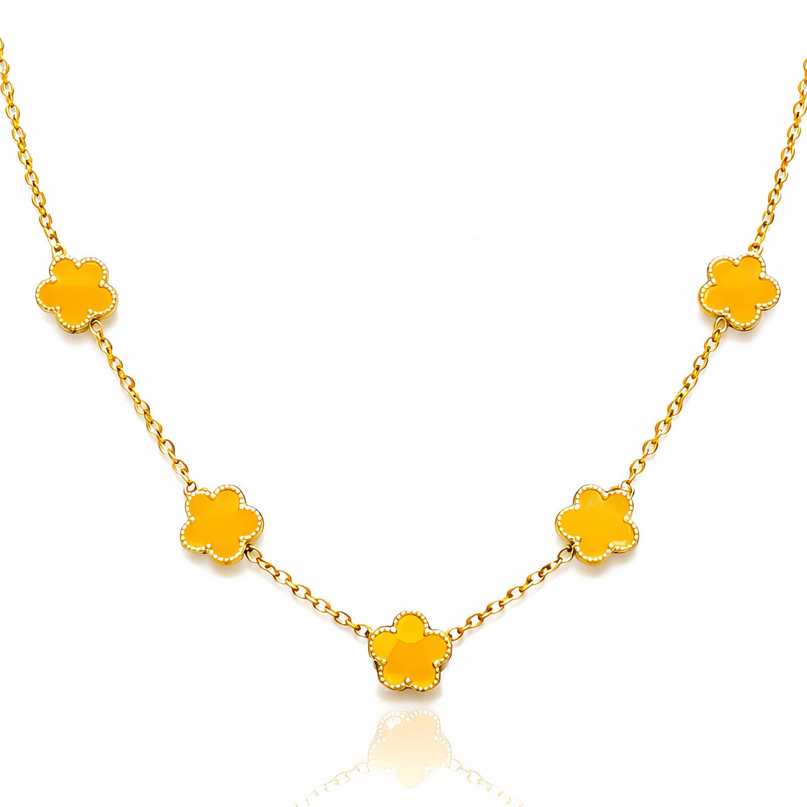 Golden flower necklace crafted from 18K gold-plated stainless steel featuring delicate floral charms on a waterproof hypoallergenic chain.