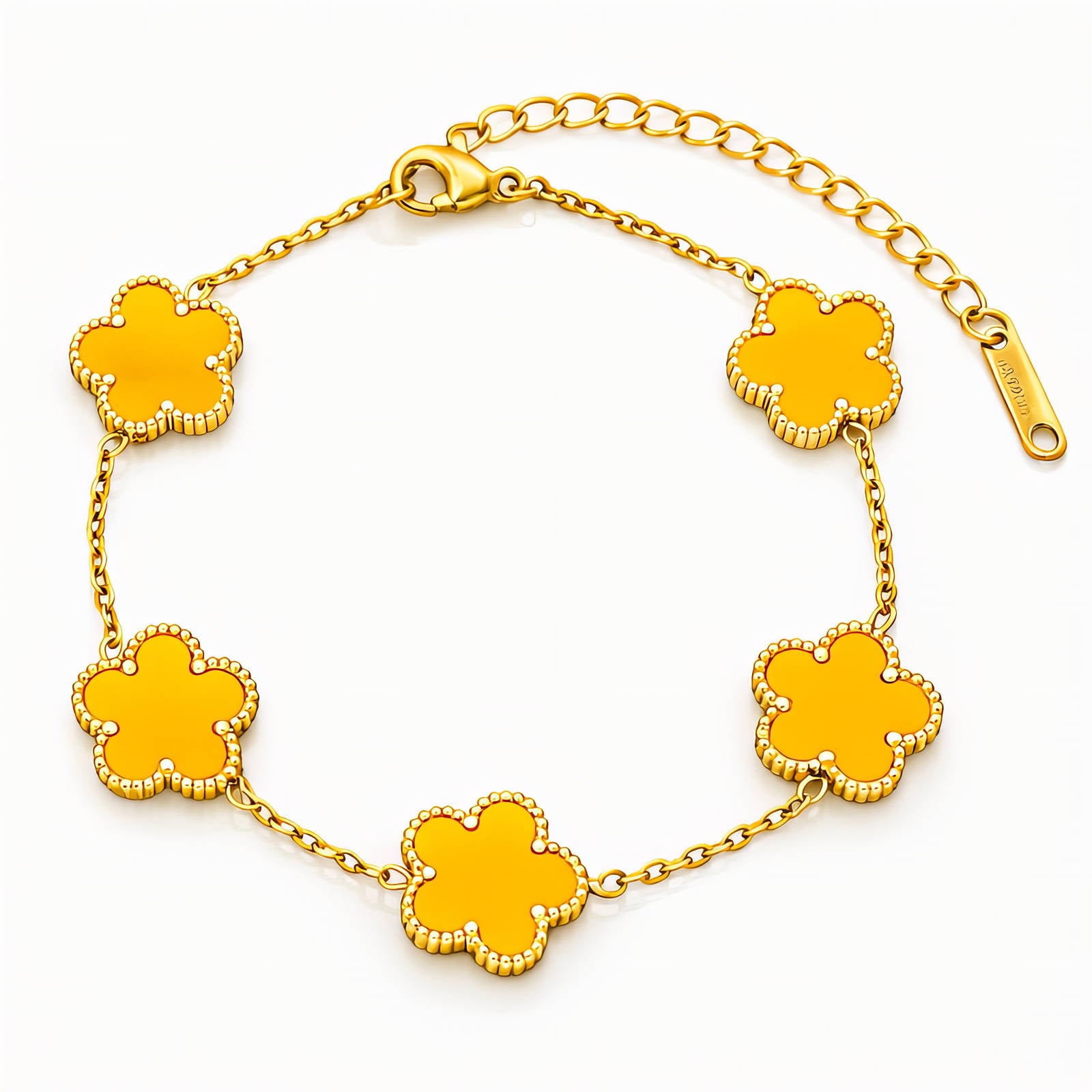 18K gold plated stainless steel bracelet featuring five flower charms connected by a delicate adjustable chain.