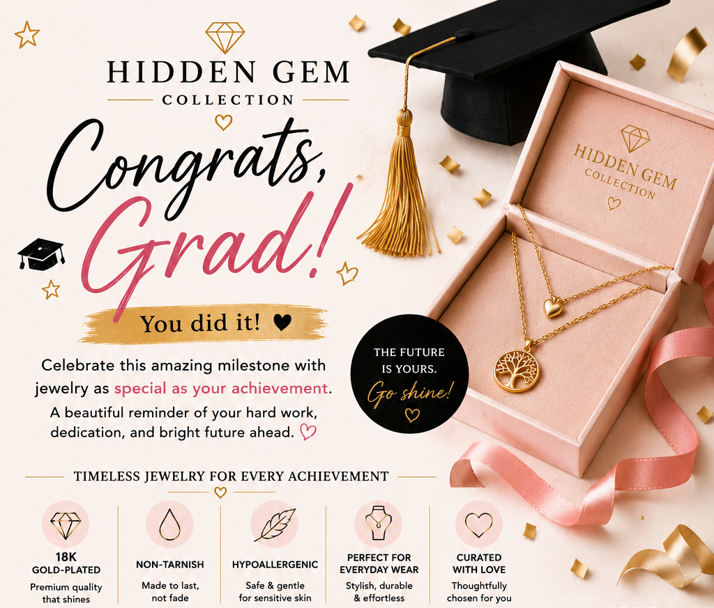 Graduation-themed jewelry set with 'Hidden Gem Collection' branding, featuring a necklace and graduation cap.